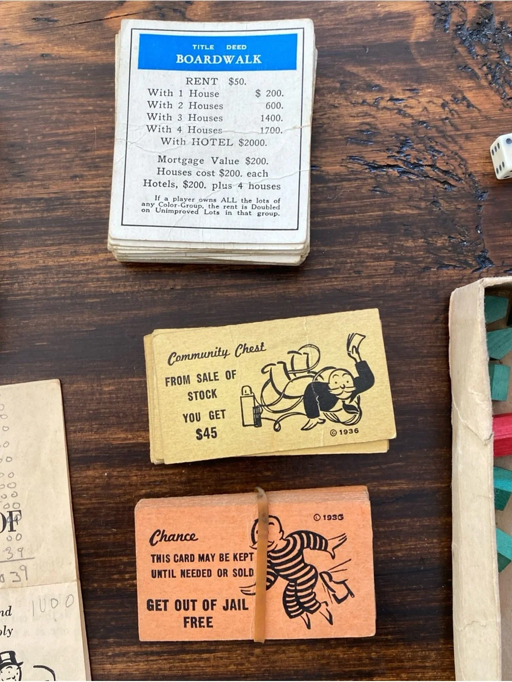 Vintage Monopoly Wooden Hotels, Houses & Game Pieces & Cards - Multicolor